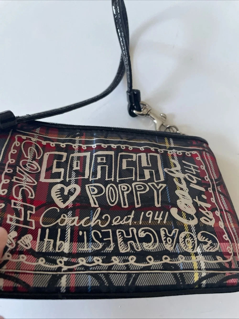 Coach Poppy Red Plaid Signature Wristlet
